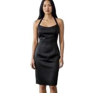 Laundry Shelli Segal Vtg 90s Women Satin Dress 12 Black Halter Neck Cocktail